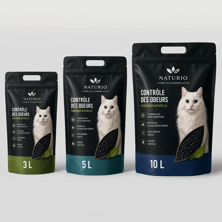 Litière Au Charbon Actif Premium Pour Chat, Gamme ODEUR STOP Packaging for PURCARBÓN - AI-generated packaging design concept