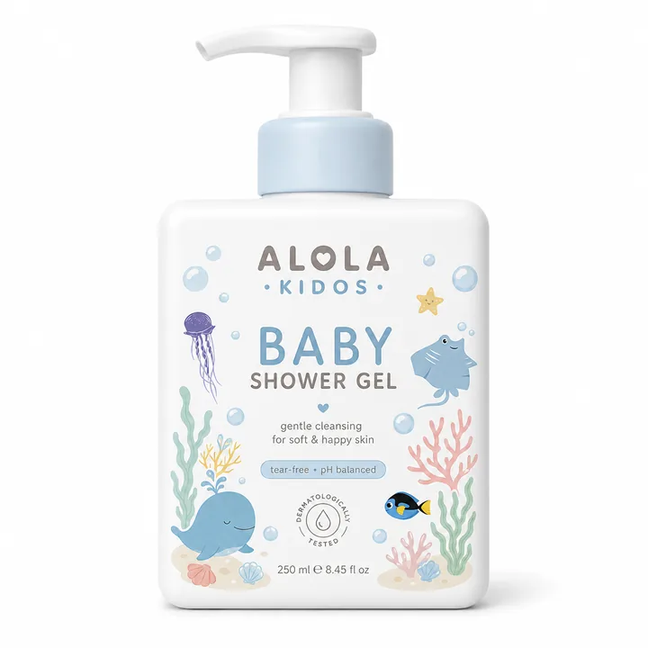 Baby Shower Gel Packaging for Alola Kidos - AI-generated packaging design concept