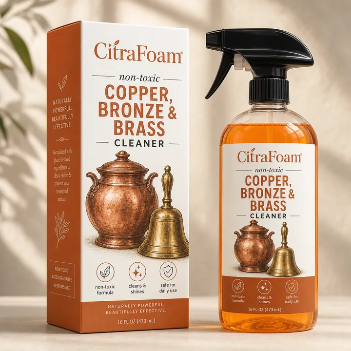 Copper,Bronze & Brass Cleaner Packaging for CITRA FOAM - AI-generated packaging design concept