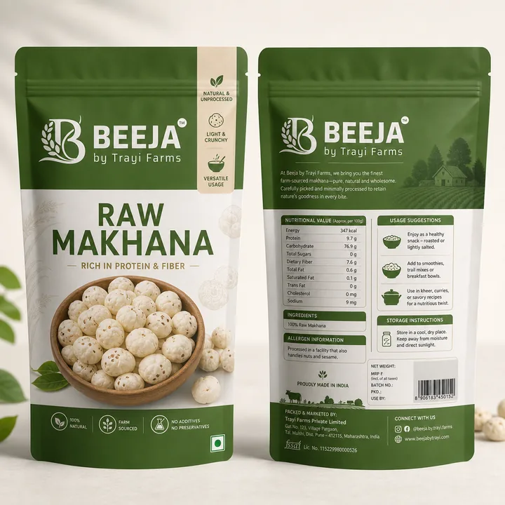 Raw Makhana Packaging for Beeja By Trayi Farms - AI-generated packaging design concept