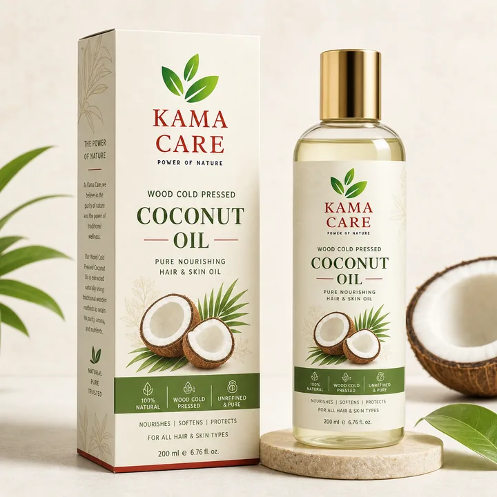 Wood Cold Pressed Coconut Oil Packaging for Kama Care - AI-generated packaging design concept