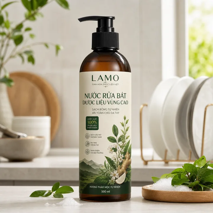 Nước Rửa Bát Dược Liệu Vùng Cao Packaging for LAMO - AI-generated packaging design concept