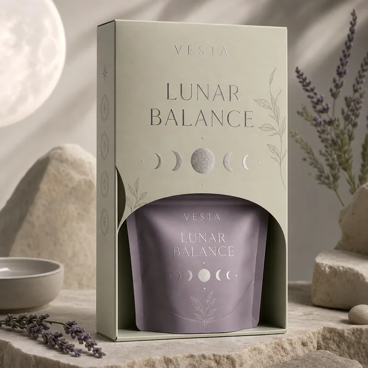 Lunar Balance Packaging for Vesta - AI-generated packaging design concept