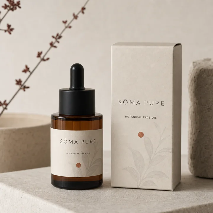Botanical Face Oil Packaging for Sōma Pure - AI-generated packaging design concept
