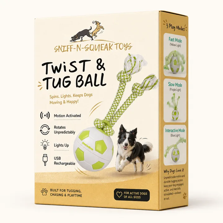 Twist And Tug Ball Packaging for Sniff-N-Squeak Toys - AI-generated packaging design concept