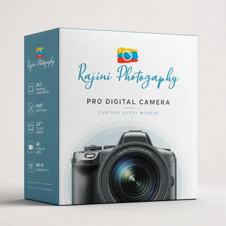 Camera Packaging for Rajini Photography - AI-generated packaging design concept