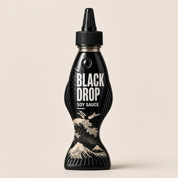 Black Drop Packaging for Soya Sauce - AI-generated packaging design concept