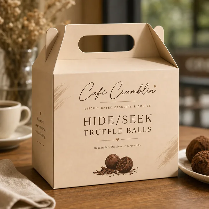 Hide/Seek Truffle Balls Packaging for Cafe Crumblin - AI-generated packaging design concept