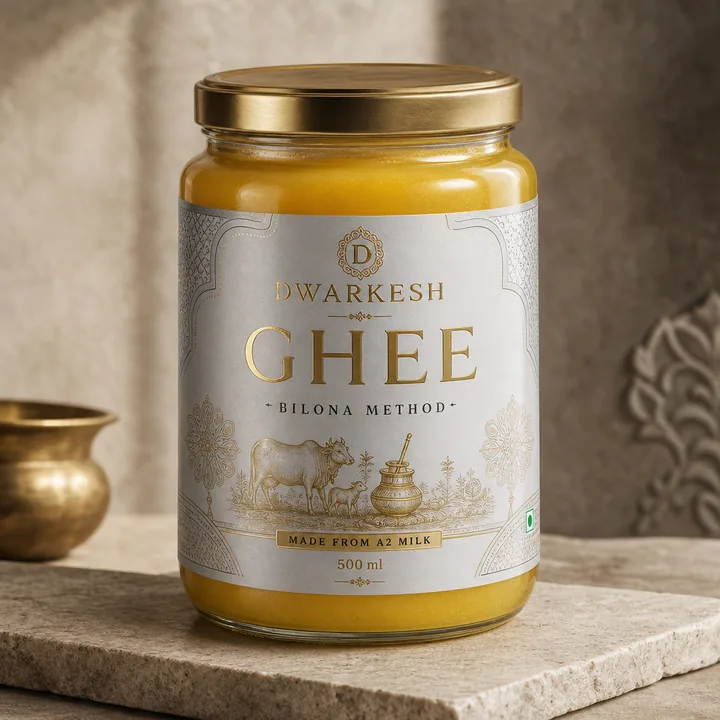 Ghee Packaging for Dwarkesh - AI-generated packaging design concept