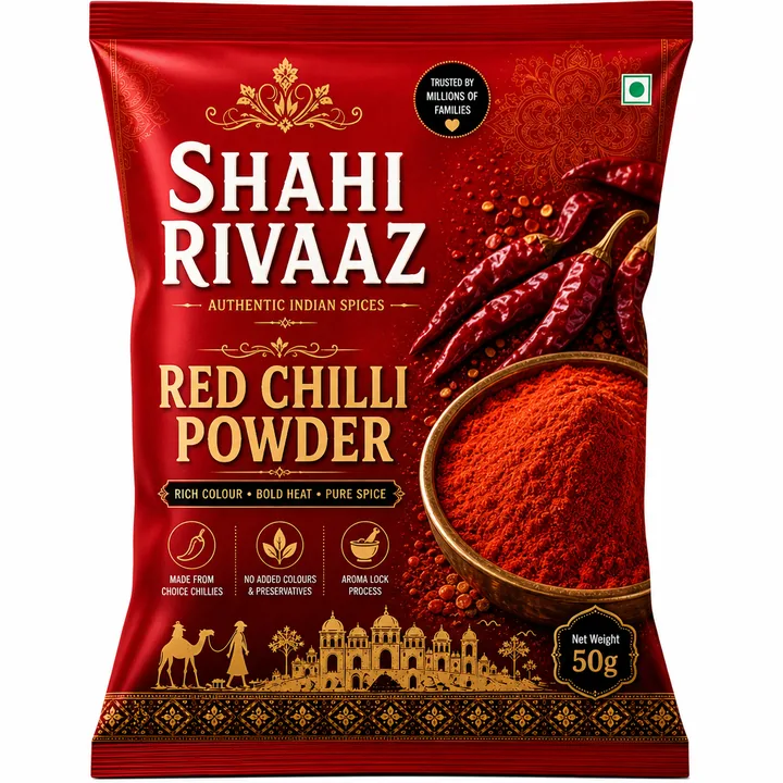 Red Chilli Powder Packaging for Shahi Rivaaz - AI-generated packaging design concept