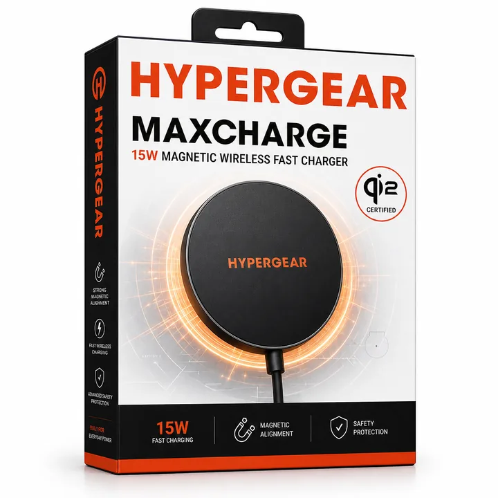 MaxCharge 15W Magnetic Wireless Fast Charger With Qi2 Packaging for HyperGear - AI-generated packaging design concept