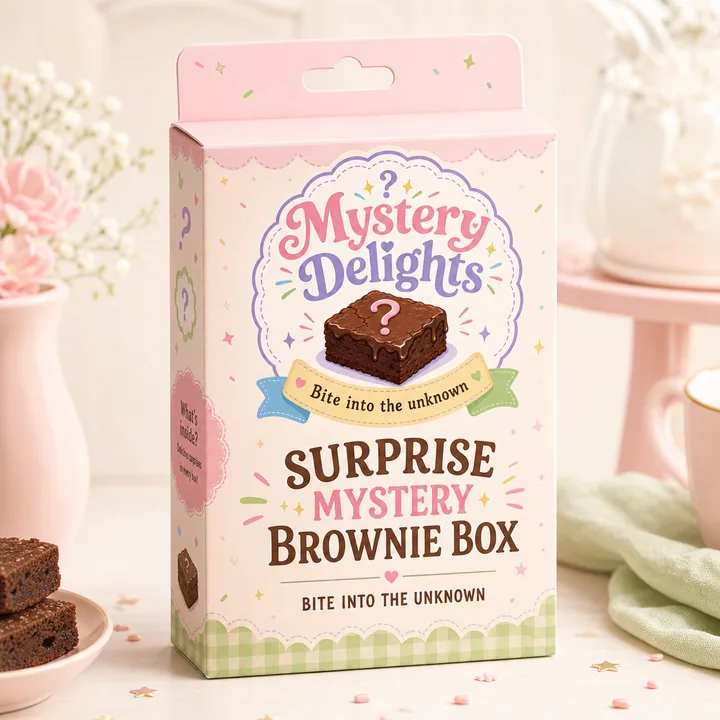 Surprise Mystery Brownie Box Packaging for Mystery Delights - AI-generated packaging design concept