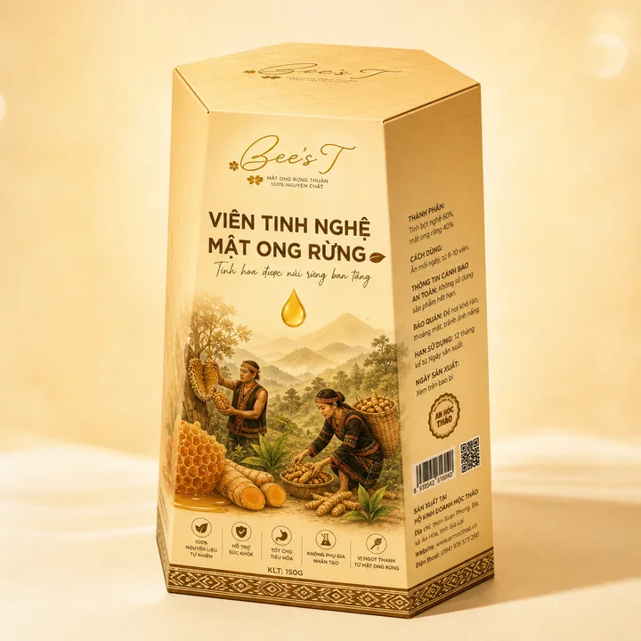 Viên Tinh Nghệ Mật Ong Rừng Bee's T Packaging for An Mộc Thảo - AI-generated packaging design concept