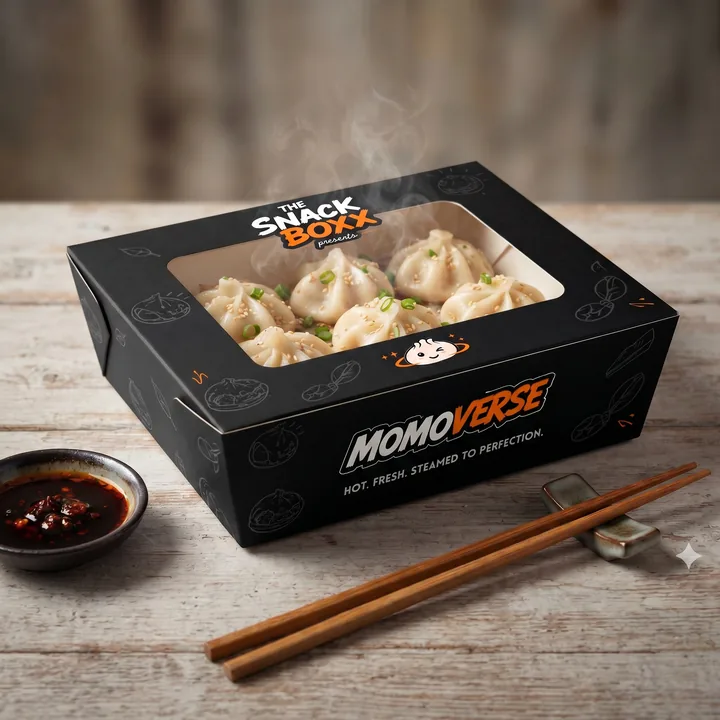 MomoVerse Packaging for The Snack Boxx - AI-generated packaging design concept