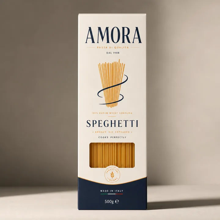 Speghetti Packaging for Amora - AI-generated packaging design concept