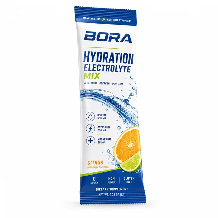 Hydration Electrolyte Mix Packaging for BORA - AI-generated packaging design concept