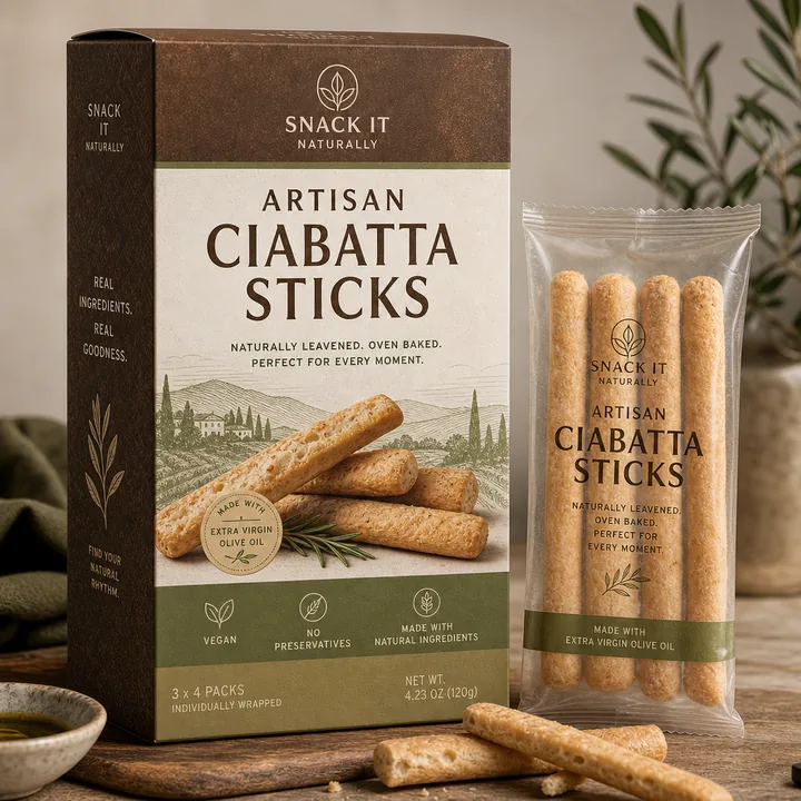 Artisan Ciabatta Sticks Packaging for Snack It Naturally - AI-generated packaging design concept