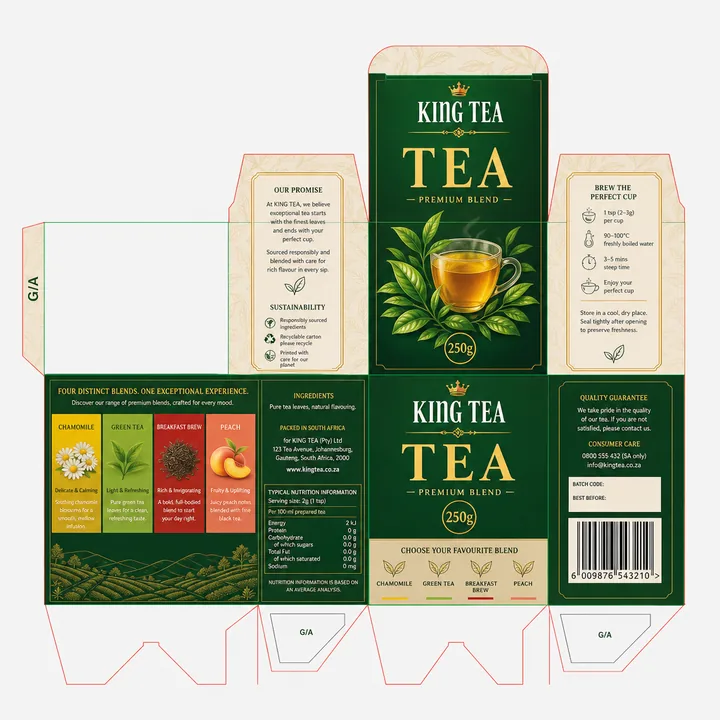 Tea 4 X Variants(chamomile,green Tea,breakfast brew,Peach Packaging for King Tea - AI-generated packaging design concept