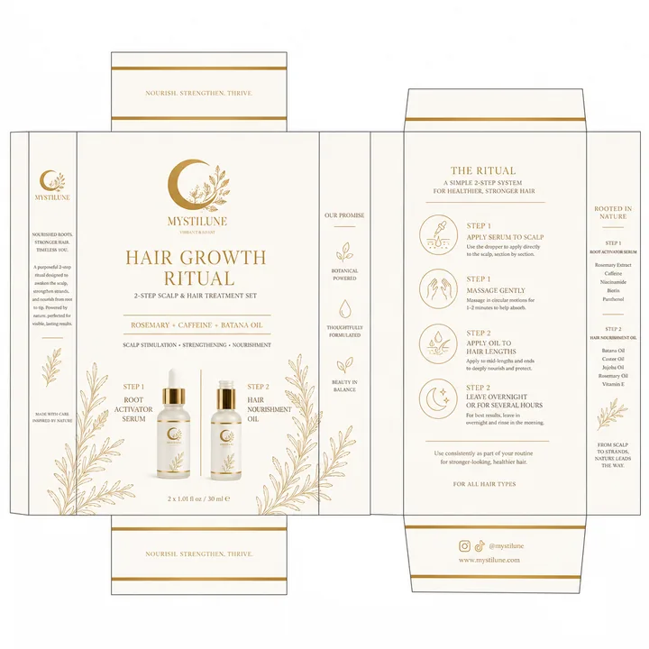 HAIR GROWTH RITUAL (2-STEP SYSTEM) Packaging for MYSTILUNE - AI-generated packaging design concept