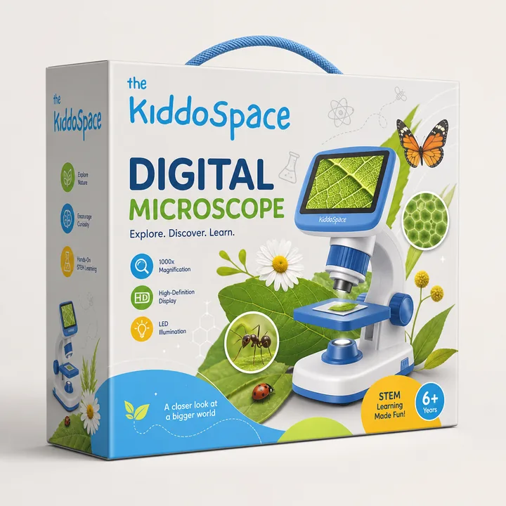 Digital Microscope Packaging for Kiddospace - AI-generated packaging design concept