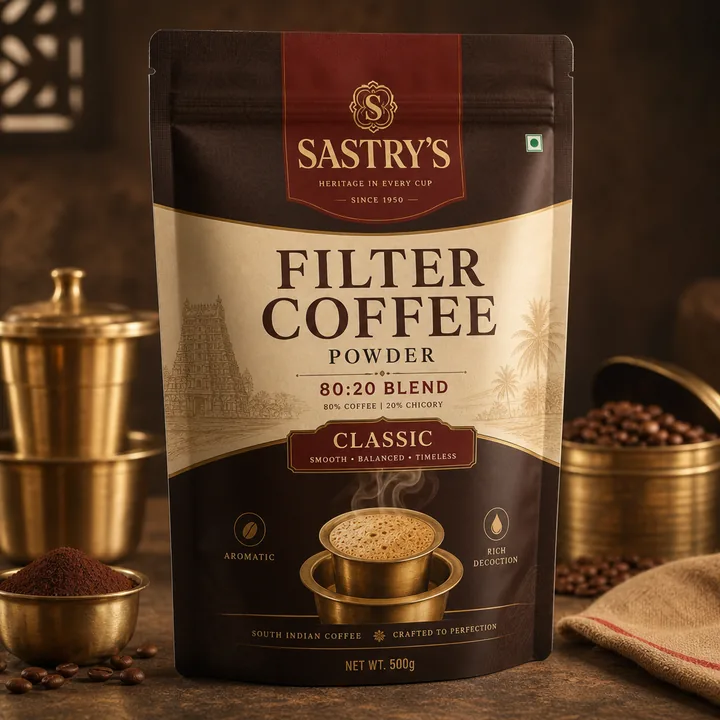 Filter Coffee Powder 80:20 Blend - Classic Packaging for Sastry's - AI-generated packaging design concept