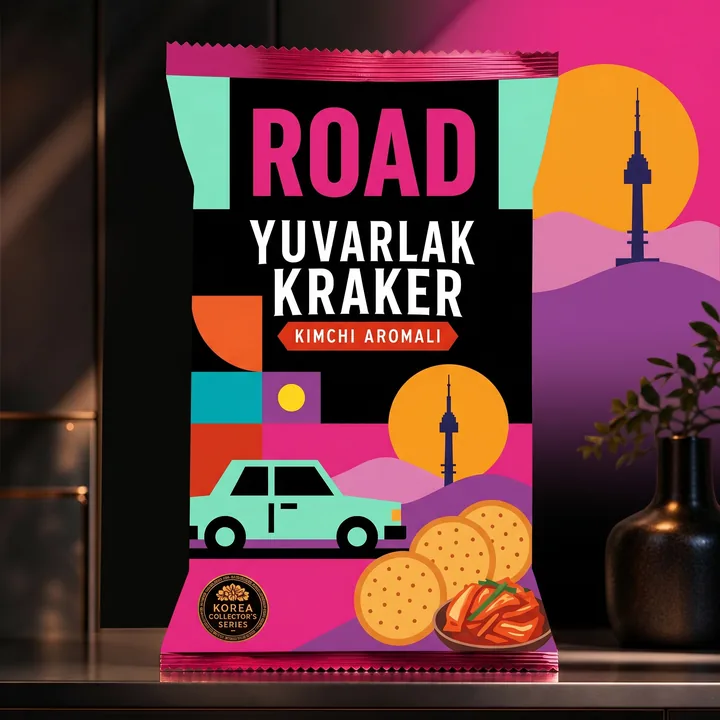 Yuvarlak Kraker, Kimchi Aromalı Packaging for Road - AI-generated packaging design concept