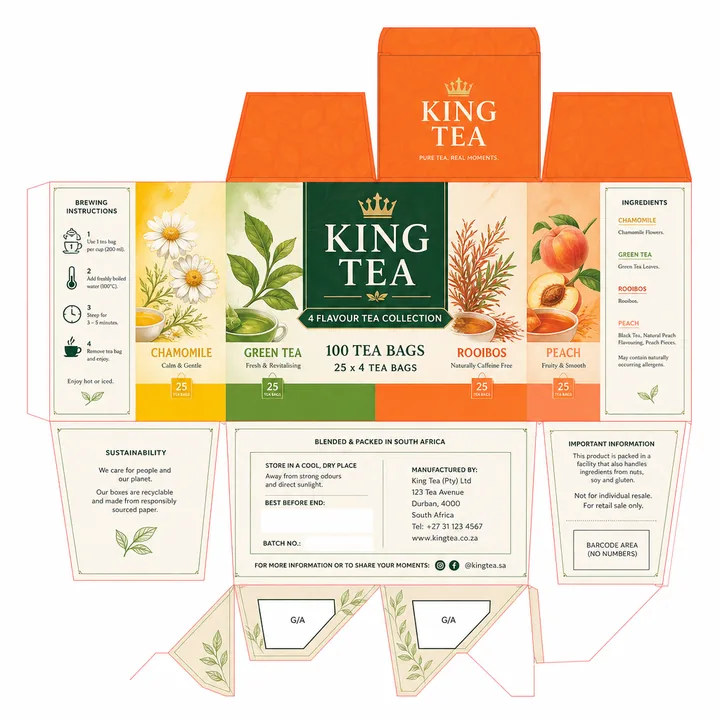 4 Variants Tea Packaging for Kings Blend - AI-generated packaging design concept