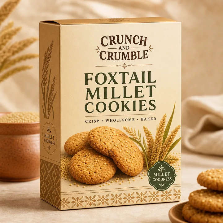 Foxtail Millet Cookies Packaging for Crunch And Crumble - AI-generated packaging design concept