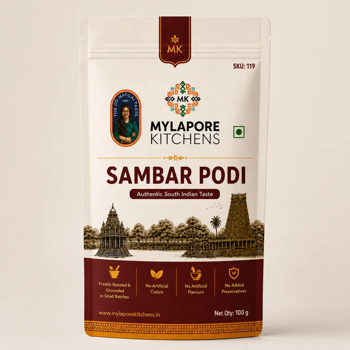 Sambar Podi Packaging for Mylapore Kitchens - AI-generated packaging design concept