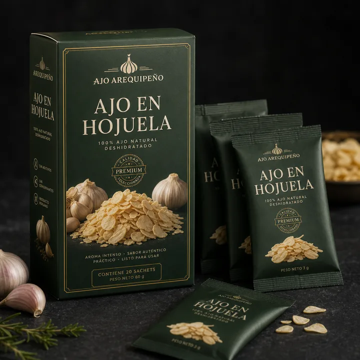 Ajo En Hojuela Packaging for Ajo Arequipeño - AI-generated packaging design concept