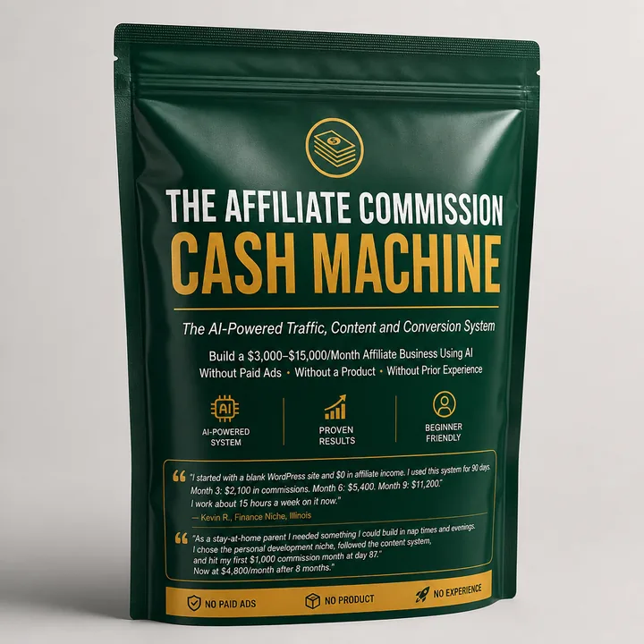 THE AFFILIATE COMMISSION CASH MACHINE Packaging for The AI-Powered Traffic, Content And Conversion System - AI-generated packaging design concept