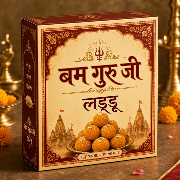 लड्डू Packaging for बम गुरु जी - AI-generated packaging design concept