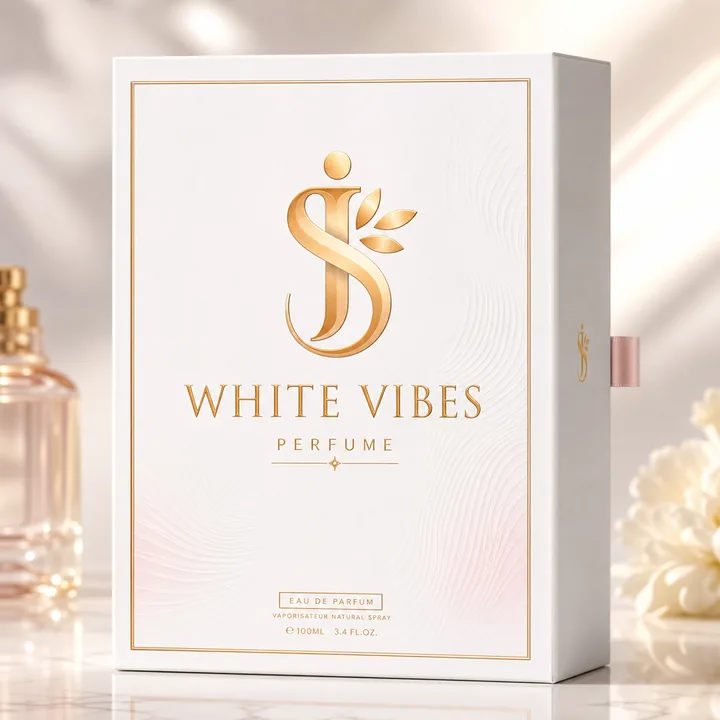 Perfume Bottle Packaging for White Vibes - AI-generated packaging design concept