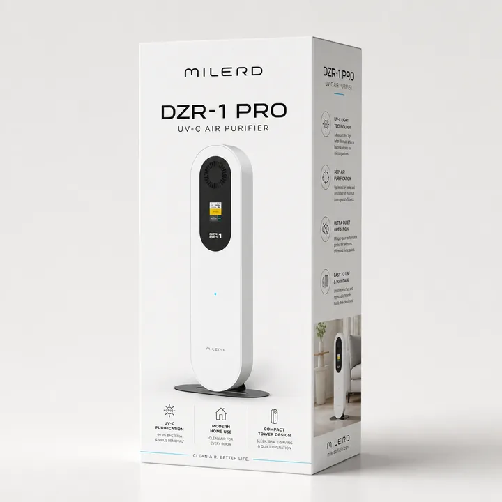 DZR-1 PRO UV-C Air Purifier Packaging for Milerd - AI-generated packaging design concept