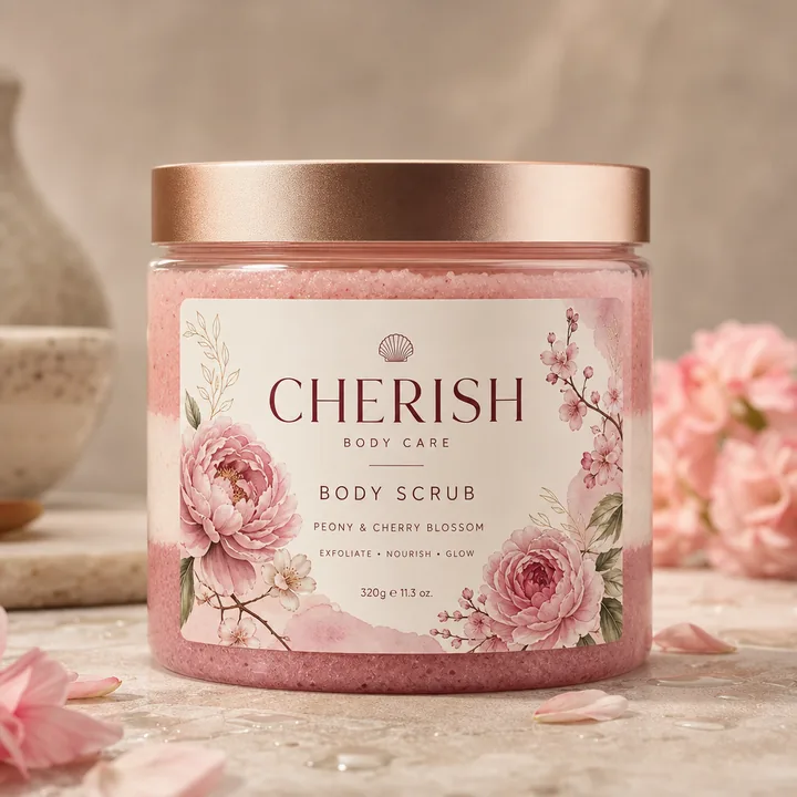 Body Scrub Packaging for Cherish - AI-generated packaging design concept