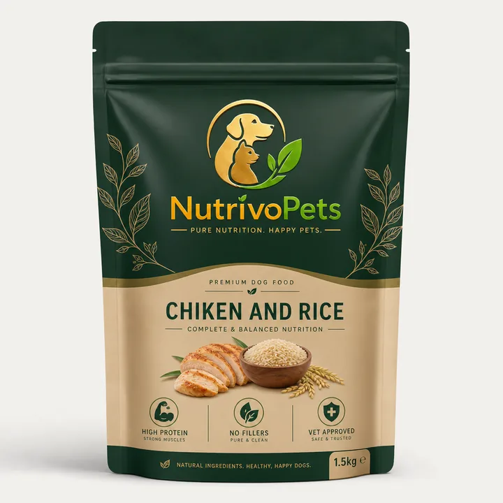 Chiken And Rice Packaging for Nutrivo Pets - AI-generated packaging design concept