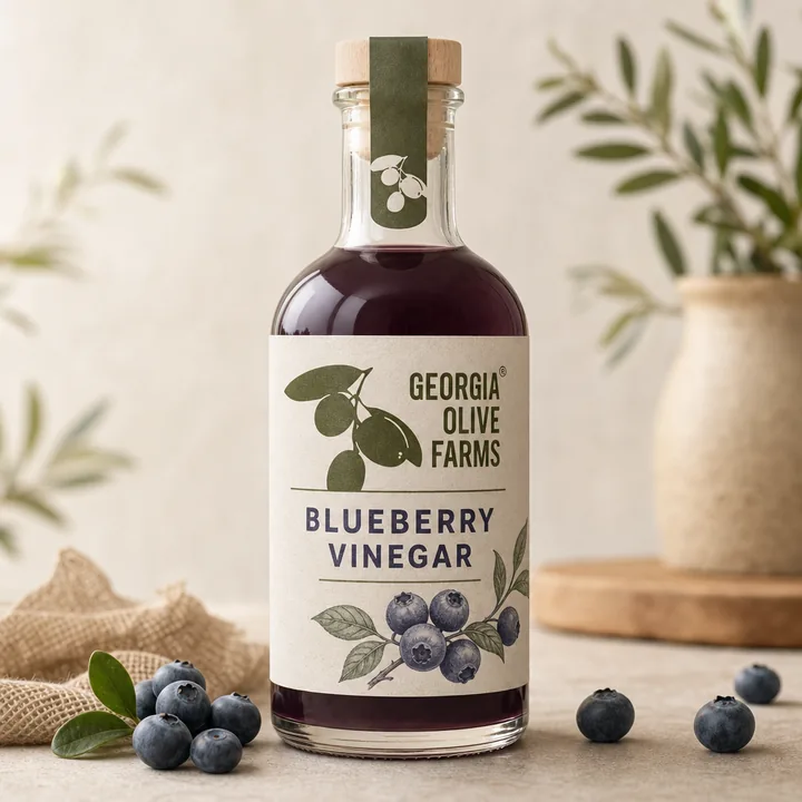 Blueberry Vinegar Packaging for Georgia Olive Farms - AI-generated packaging design concept