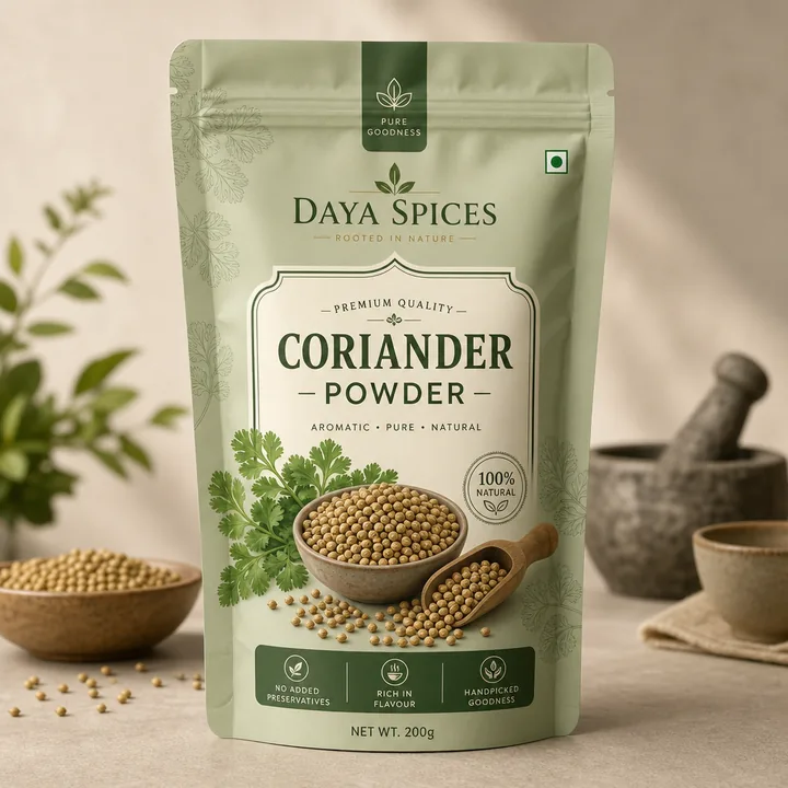 Coriander Powder Packaging for Daya Spices - AI-generated packaging design concept