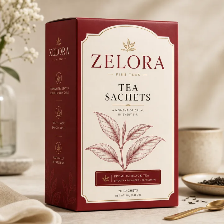 Tea Product Packaging for Zelora - AI-generated packaging design concept