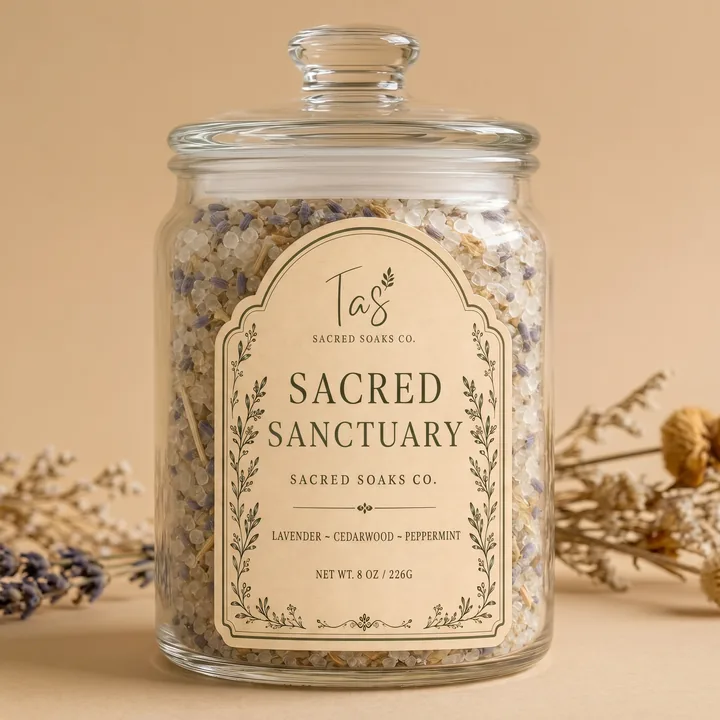Sacred Soaks Packaging for TAS Sacred Soaks Co. - AI-generated packaging design concept