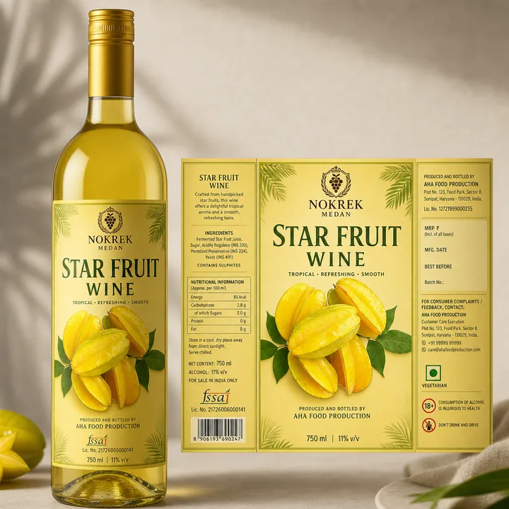 Star Fruit Wine Packaging for Nokrek Medan - AI-generated packaging design concept