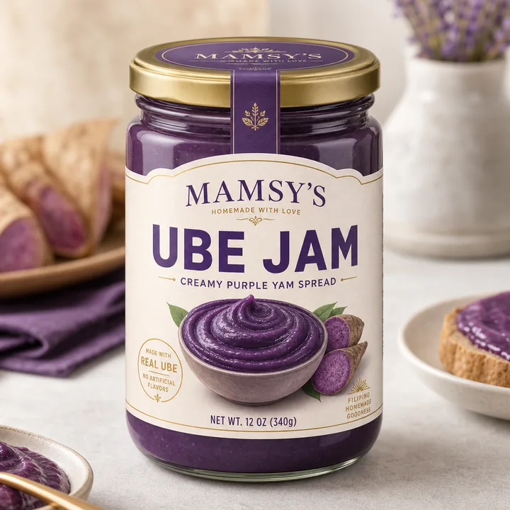 Ube Jam Packaging for Mamsy’s - AI-generated packaging design concept