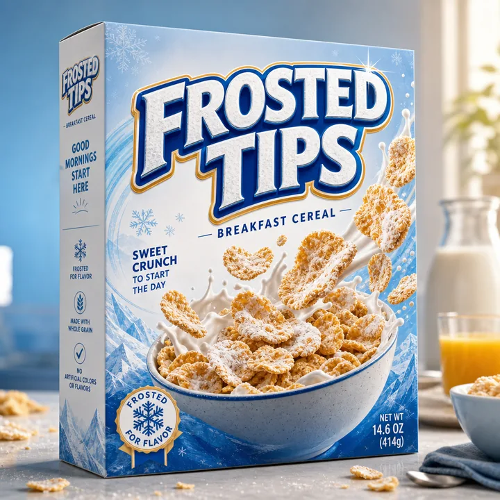 Breakfast Cereal Packaging for Frosted Tips - AI-generated packaging design concept