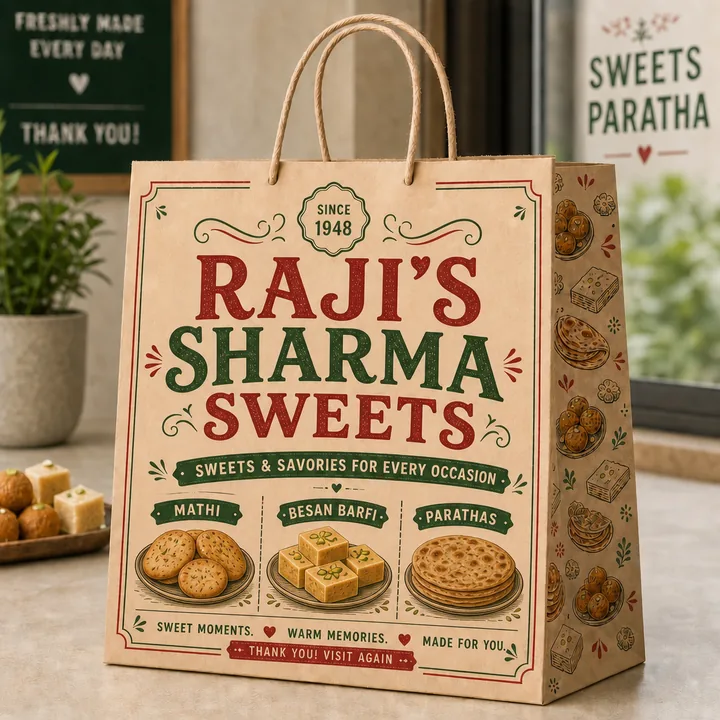 Sweets And Paratha Packaging for Sharma Sweets Raji's - AI-generated packaging design concept