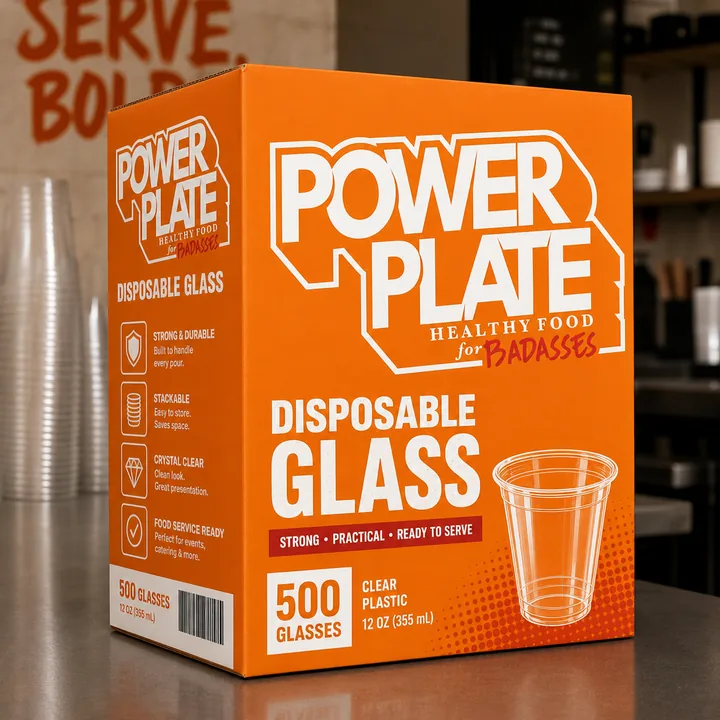 Disposable Glass Packaging for Power Plate - AI-generated packaging design concept