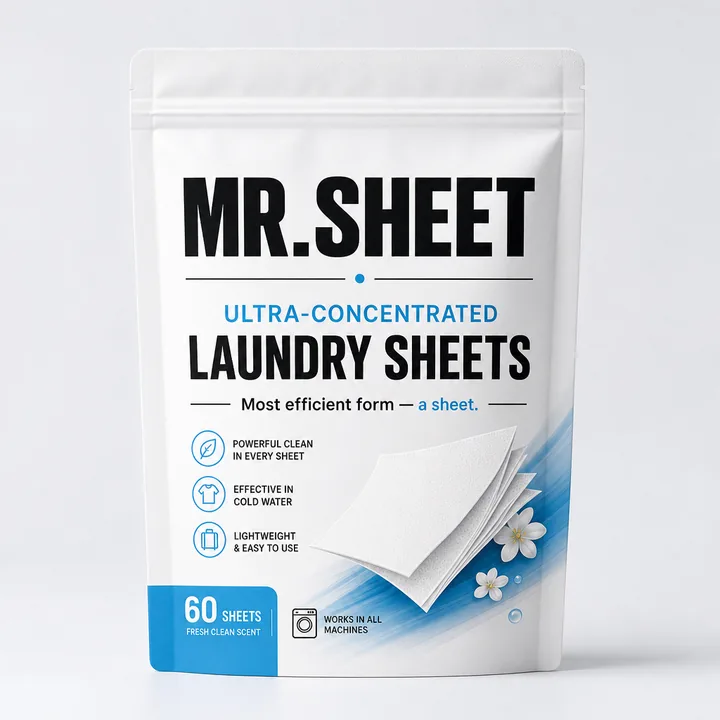 MR.SHEET Is Ultra-concentrated Laundry In Its Most Efficient Form — A Sheet. Packaging for MR.sheet - AI-generated packaging design concept