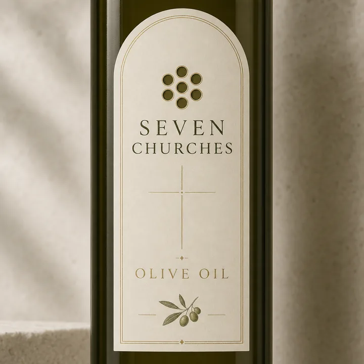 Olive Oil Packaging for Seven Churches - AI-generated packaging design concept