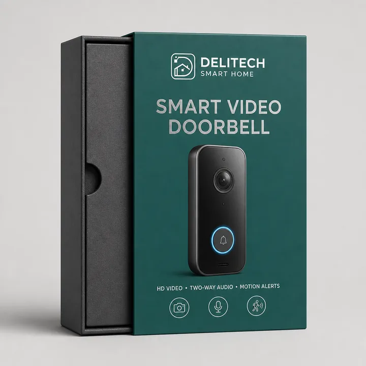 Smart Video Doorbell Packaging for Delitech Smart Home - AI-generated packaging design concept