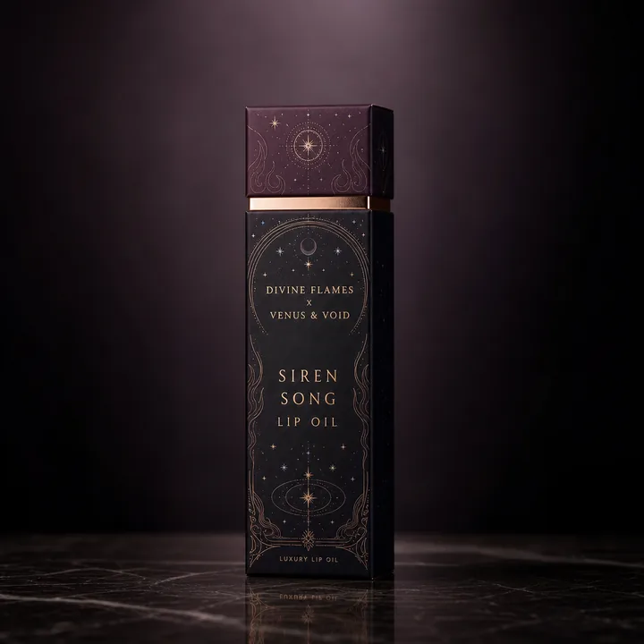 Siren Song Lip Oil Packaging for Divine Flames X Venus & Void - AI-generated packaging design concept