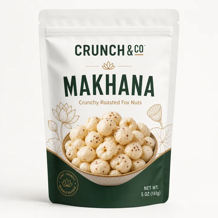 Makhana Packaging for Crunch & Co - AI-generated packaging design concept